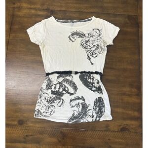 Terranova Womens Graphic T-Shirt White Black Baroque Feather Print‎ Lace Belt L
